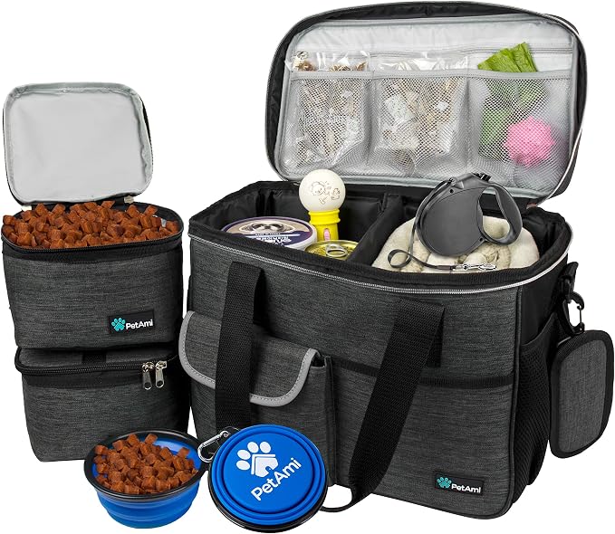PetAmi Dog Travel Bag Organizer, Pet Travel Kit with 2 Food Containers & 2 Collapsible Dog Bowls, Pet Supplies Tote with Luggage Sleeve, Weekend Road Trip Camping Essentials, Dark Gray, Medium