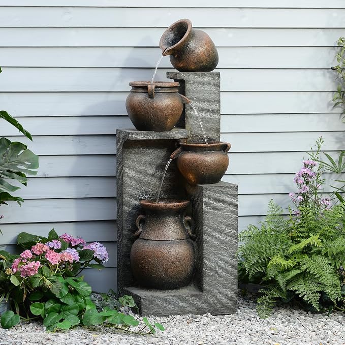 Resin Outdoor Water Fountain 4-Tier Jar Waterfall - Quiet Pump, LED Lights, Rustic Jar Cascading Water Feature for Garden Patio Backyard Decor, 53" H Fountain, Grey