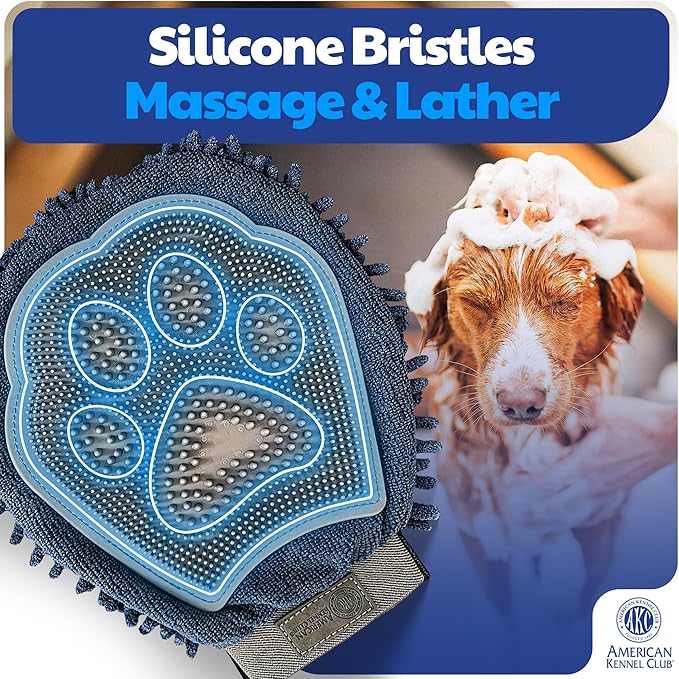 AKC - Dual-Sided Dog Grooming Glove with Silicone Bristles | Quick-Dry Towel | 2-in-1 Pet Grooming Tool for Bathing, Brushing, Shedding, Massaging & Coat Care for Small Medium & Large Dogs
