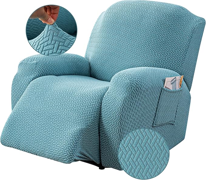 Genina Recliner Chair Cover, Stretch Reclining Chair Covers, Recliner Sofa Slipcovers Stripe Jacquard Lazy Couch Covers Furniture Protector Covers for Pet Kid (Light Blue, 1 Seat)