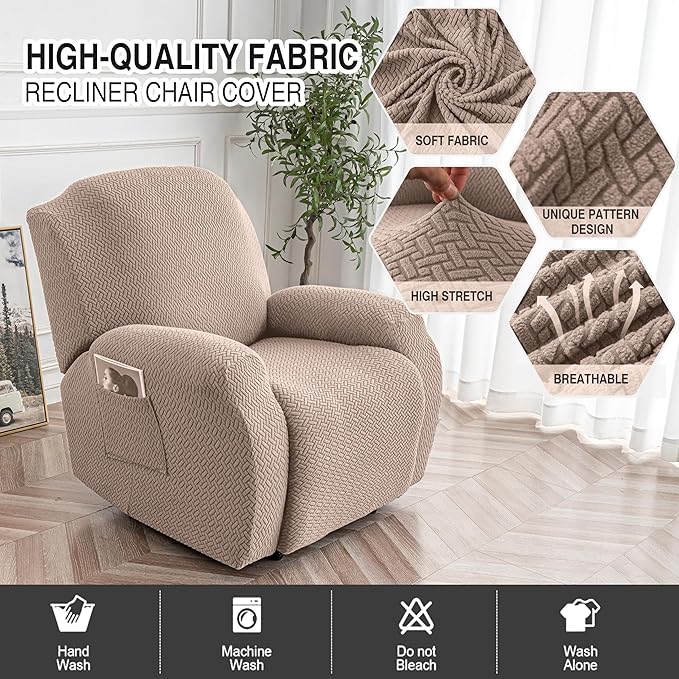 Genina Recliner Chair Covers, Stretch Reclining Chair Cover, Recliner Sofa Slipcovers Stripe Jacquard Lazy Couch Covers Furniture Protector Covers for Pet Kid (Taupe, 1 Seater)