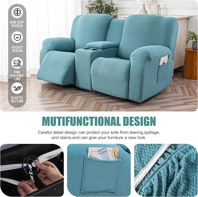 Genina Recliner Loveseat Covers with Console, Stretch Reclining Sofa Covers, 2 Seater Couch Cushion Stripe Jacquard Recliner Slipcovers - Furniture Protector Covers for Pet(Light Blue)