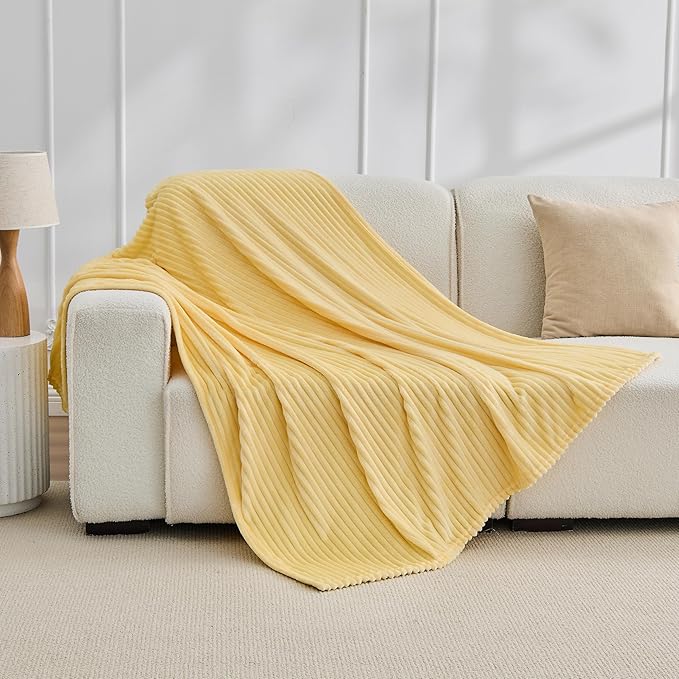 Bnuitland Light Yellow Fleece Throw Blanket for Couch, 300GSM Soft Warm Cozy Fluffy Throw for Adults & Kids, Stripe Pattern 60"x80", All Season Sofa Bed Blanket for Home Decor
