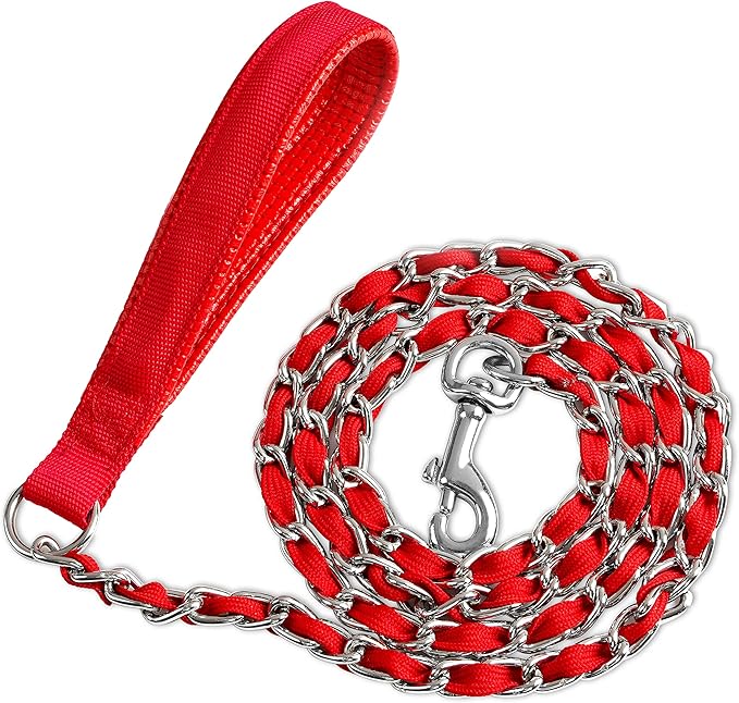 Heavy Duty Metal Dog Chain Leash with Comfortable PU Leather Padded Handle, Chew Proof for Medium Large Pooch Walking Training (6FT 3.0mm Red)