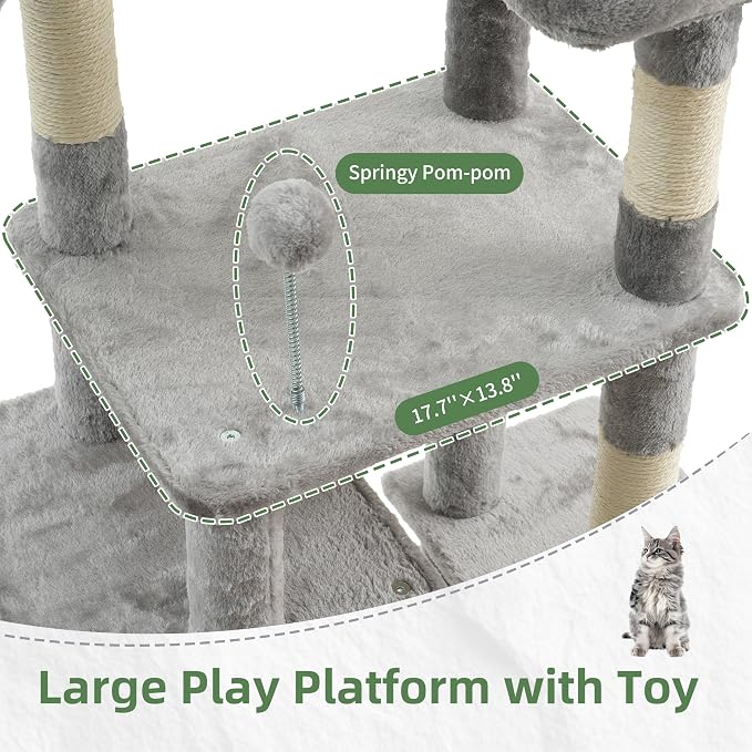 Gitelsnour Cat Tree for Indoor Cats, 55.1 inch Cat Tower with 7 Sisal Scratching Posts, Multi-level Cat Condo wit Large Play Platform Furry Ball, Cat Cave, 2 Padded Perches, Basket, Light Gray GCT013W