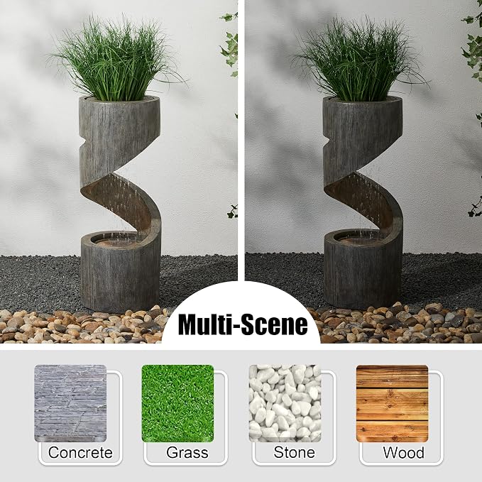 Glitzhome Outdoor Water Fountain with LED Light, Spiral Outdoor Fountain Waterfall with Stone Planter, Modern Curved Freestanding Fountain Water Feature for Garden Patio Backyard, 31.3" H