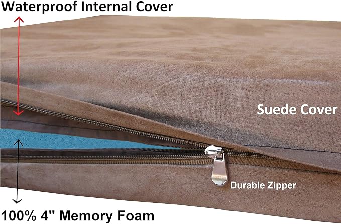 Dogbed4less Medium Large Orthopedic Gel Infused Memory Foam Dog Bed, Waterproof Liner and Washable Microsuede Brown Cover