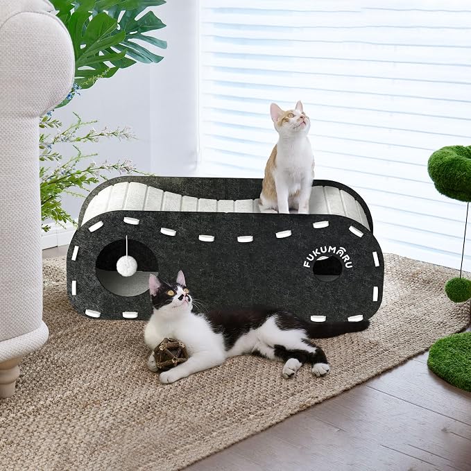 FUKUMARU Cat Beds for Indoor Pets 31.5 Inch, Extra Long Cozy Cat Bed Cave Tunnel for Multiple & Large Cats, Felt Kitten Hideaway House with Fluffy Ball, Scratch Resistant, Warm & Safe, Black