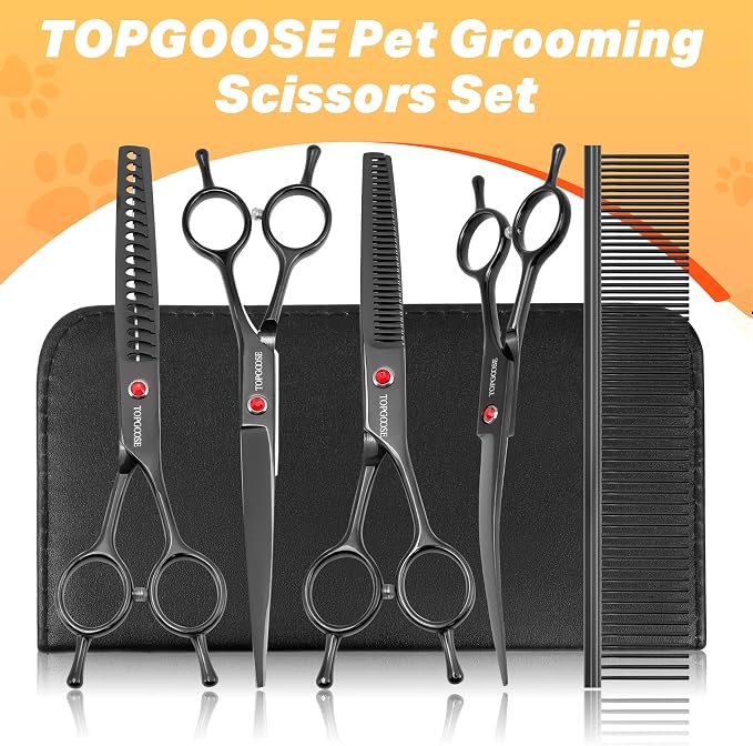 Dog Grooming Scissors Kit, Professional 6 in 1 Pet Scissors Sharp Shears Set - Straight, Thinning, Chunker, Curved Shears and Comb for Long Short Hair for Dog Cat (Set, Black)