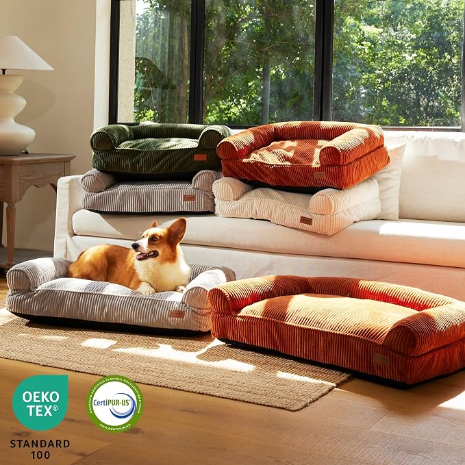 FUKUMARU Cute Dog Bed, Thickened Orthopedic Dogs Couch, 36in Egg Crate Foam Pet Sofa for Medium to Large Dogs, Waterproof Warm Corduroy Pet Bed with Washable Cover, Green