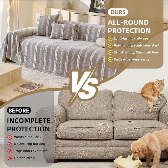 Couch Cover for Dogs Washable Sofa Cover, Sectional Couch Covers, Sofa Covers for 2 Cushion Couch, Non Slip Stripe Sofa Slipcovers Furniture Protector (Light Gray, 71 * 150)