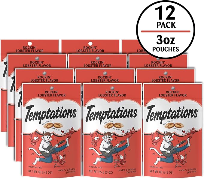 Temptations Classic Cat Treats, Rockin' Lobster Flavor, Crunchy and Soft Cat Treats 3 oz. Pouch (Pack of 12)