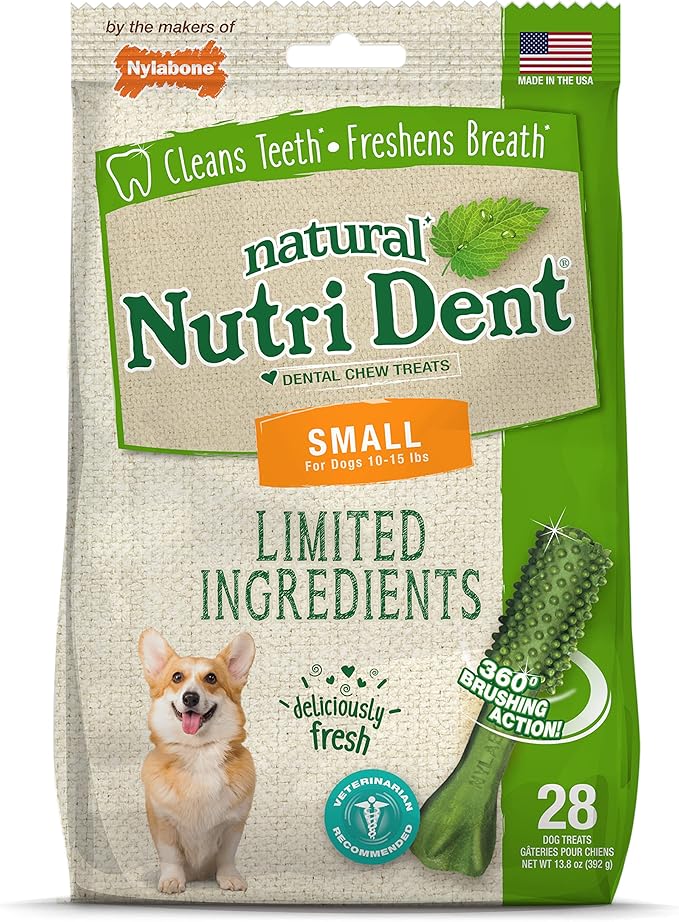 Nylabone Nutri Dent Dog Dental Chews - Natural Dog Teeth Cleaning & Breath Freshener - Dental Treats for Dogs - Fresh Breath Flavor, Small (28 Count)