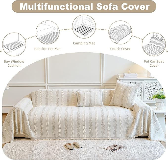 Couch Cover for Dogs Washable Sofa Cover, Sectional Couch Covers, Sofa Covers for 2 Cushion Couch, Non Slip Stripe Sofa Slipcovers Furniture Protector (Beige, 71x150)