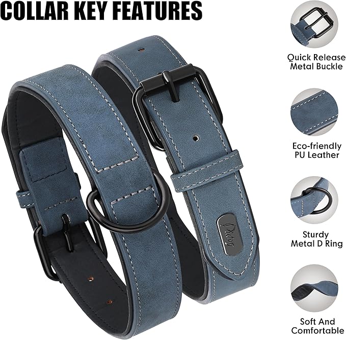 Didog Soft Padded PU Leather Dog Collar, Breathable and Adjustable Dog Collar for Large Dogs, Comfortable for Daily Walk, Blue, XL Fit Neck 18-22"(45-71 lbs)
