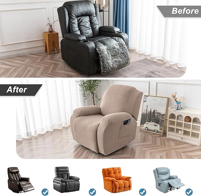 Genina Recliner Chair Covers, Stretch Reclining Chair Cover, Recliner Sofa Slipcovers Stripe Jacquard Lazy Couch Covers Furniture Protector Covers for Pet Kid (Taupe, 1 Seater)