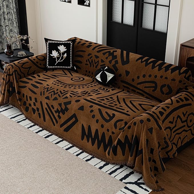MEETSKY Boho Couch Cover Sofa Covers, Chenille Geometric Dark Brown Couch Covers for 2 Cushion Couch Sofa for Dogs, Washable Sofa Slipcover for Cat Sofa Protector with Tassels,71" x 118"