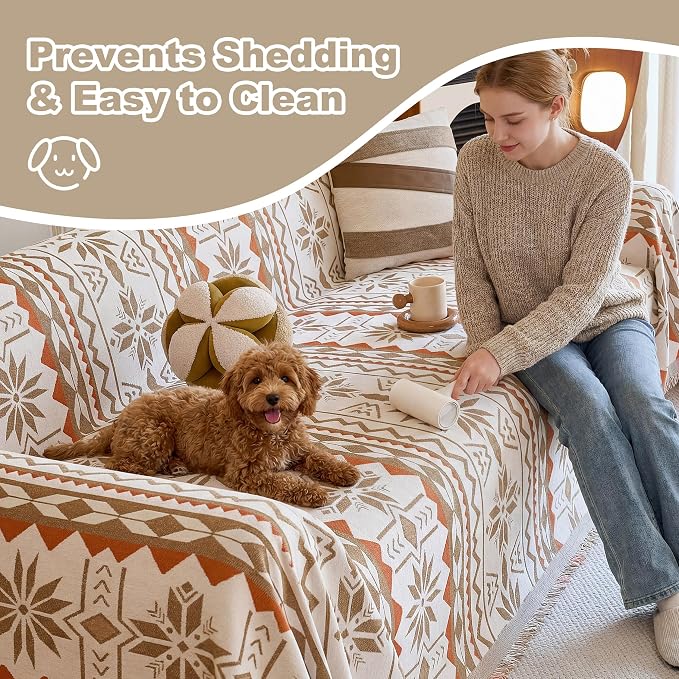 Couch Cover for Dogs Washable Sofa Cover, Sectional Couch Covers, Sofa Covers for 2 Cushion Couch, Non Slip Stripe Sofa Slipcovers Furniture Protector (Khaki Orange, 71 * 118)