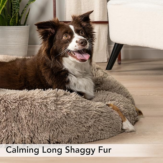 PetAmi Calming Dog Bed for Small & Medium Dogs, Cats & Puppy, Warming Round Donut Cuddler Bed, Anti-Anxiety Fluffy Shaggy Faux Fur Pet Bed, Machine Washable, Non-Slip Bottom, 30 Inch - Taupe