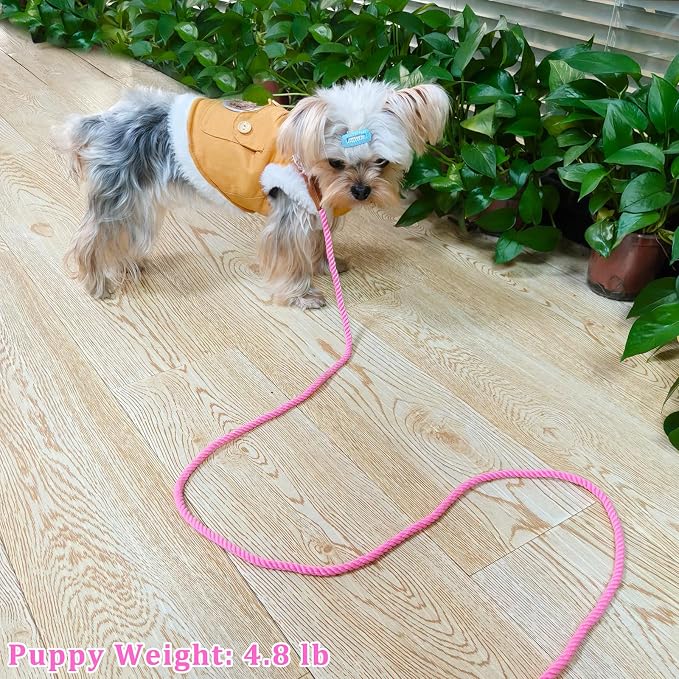 5FT Puppy Leash for Small Dogs, 1/5" Cotton Braided Rope Leash, Lightweight & Soft Pink Dog Leads for Tiny Breeds/Cats Daily Walks Training