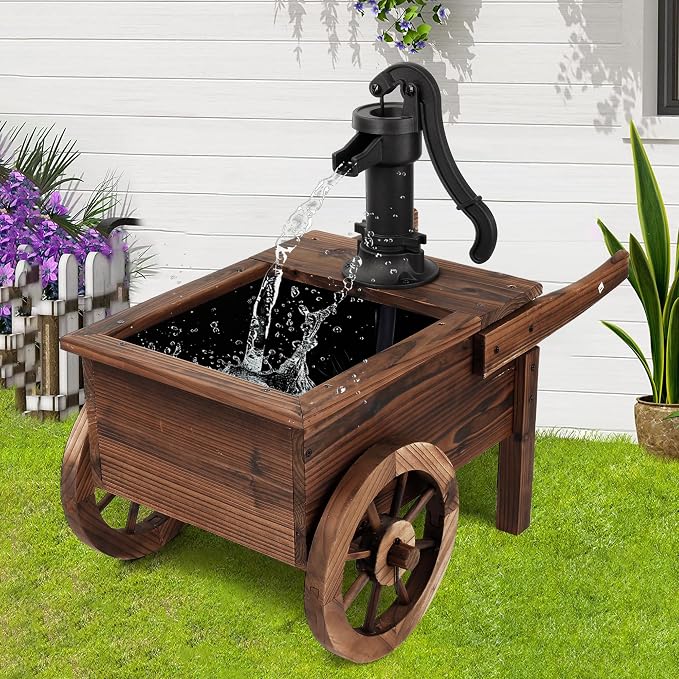 OIPRTGFJ Outdoor Water Fountain,Cute Floor Wooden Wagon Pump Old-Fashioned Fountain with Flower Box,Electric Decorative Hand Pump, Outdoor Water Feature for Garden Patio Backyard(Electric Wagon Pump)