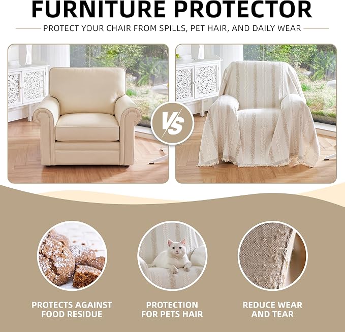 Couch Cover for Dogs Washable Sofa Cover, Sectional Couch Covers, Sofa Covers for 2 Cushion Couch, Non Slip Stripe Sofa Slipcovers Furniture Protector (Beige, 91 * 71)
