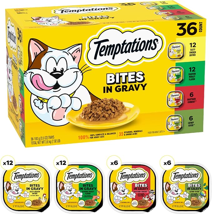 Temptations Bites in Gravy Adult Wet Cat Food Tasty Chicken Entree, Seafood Medley, Backyard Cookout, and Catnip Fever, 3.5 oz. Trays (36 Count, Pack of 1)