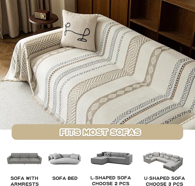 MEETSKY Boho Couch Cover Sofa Covers, Chenille Geometric Couch Covers for 2 Cushion Couch Sofa for Dogs, Washable Sofa Slipcover for Cat Couch Protector with Tassels,71" x 118", White
