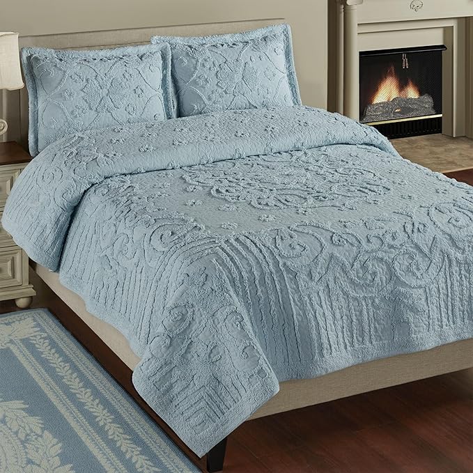 Lorenza Pure Cotton Chenille Bedding | Calming Cool Blue | Soft Tufted Scrollwork, Floral and Stripe Designs | Solid Color 3-Piece Quilted Bed Set includes Oversized King Quilt and 2 King Pillow Shams