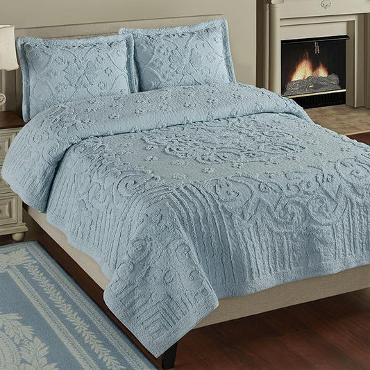 Lorenza Pure Cotton Chenille Bedding | Calming Cool Blue | Soft Tufted Scrollwork and Floral Designs | Solid Color 3-Piece Quilted Bed Set includes Oversized California King Quilt and 2 King Shams