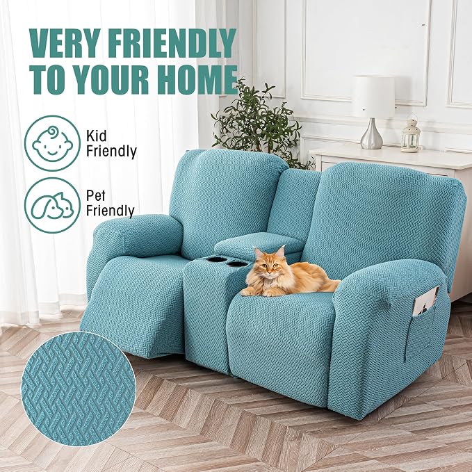 Genina Recliner Loveseat Covers with Console, Stretch Reclining Sofa Covers, 2 Seater Couch Cushion Stripe Jacquard Recliner Slipcovers - Furniture Protector Covers for Pet(Light Blue)