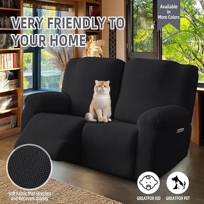 Genina Recliner Loveseat Covers, Stretch Reclining Sofa Covers, 2 Seater Couch Cushion Stripe Jacquard Recliner Slipcovers - Furniture Protector Covers for Pet Kid (Black)
