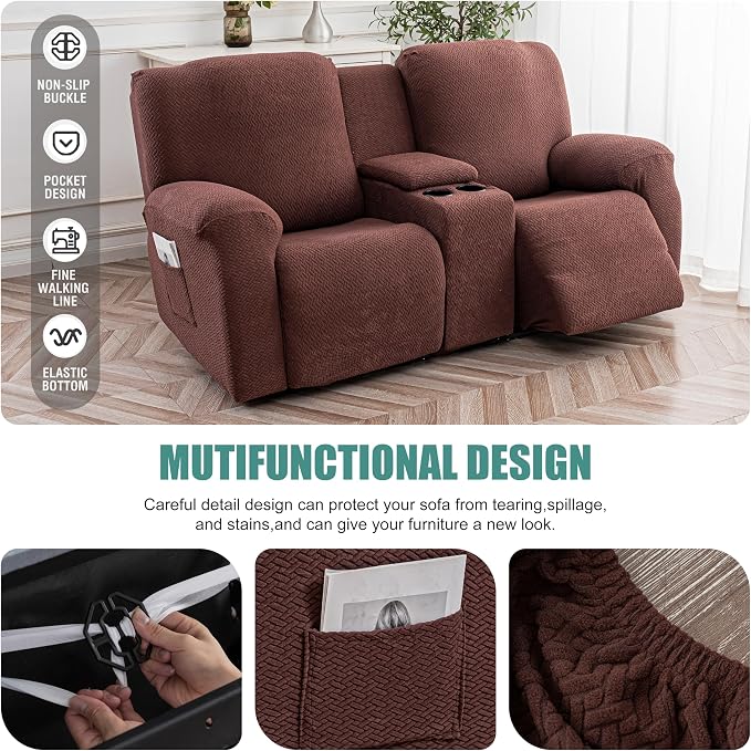 Genina Recliner Loveseat Covers with Console, Stretch Reclining Sofa Covers, 2 Seater Couch Cushion Stripe Jacquard Recliner Slipcovers,Furniture Protector Covers for Pet (Chocolate)