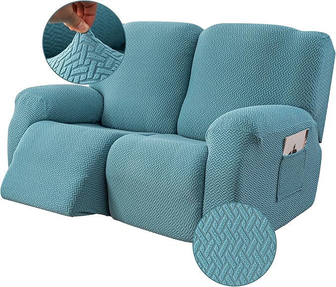 Genina Recliner Loveseat Cover Stretch Couch Covers Sofa slipcover for 2 Seat Reclining Couch Thick Jacquard Furniture Protector (Light Blue)