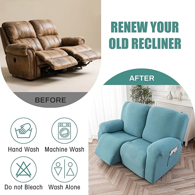 Genina Recliner Loveseat Cover Stretch Couch Covers Sofa slipcover for 2 Seat Reclining Couch Thick Jacquard Furniture Protector (Light Blue)