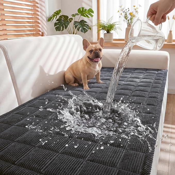 Fixwal Waterproof Dog Couch Cover, Washable Non-Slip Pet Couch Covers for Sofa, Leak-Proof Sofa Protector for Dogs, Pet Friendly Corduroy Furniture Cover (Dark Grey, 27.6" x 59.1")