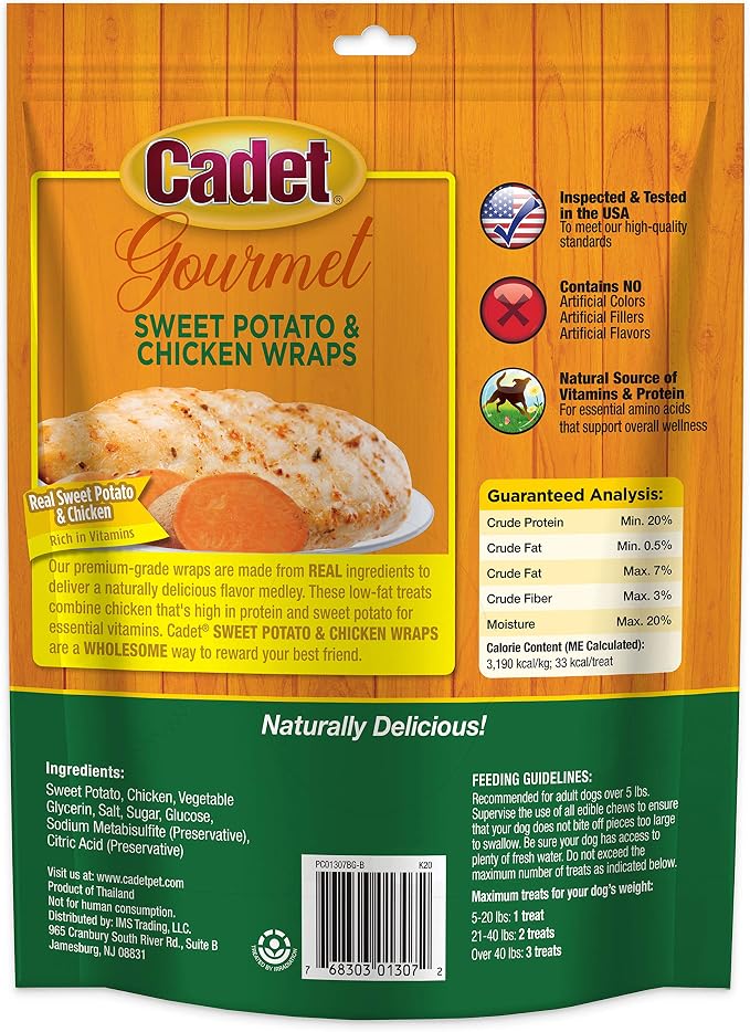 Cadet Gourmet Sweet Potato & Chicken Dog Treats Wraps - Healthy & Natural Chicken & Sweet Potato Dog Training Treats for Small & Large Breeds - Inspected & Tested in USA (14 oz.)