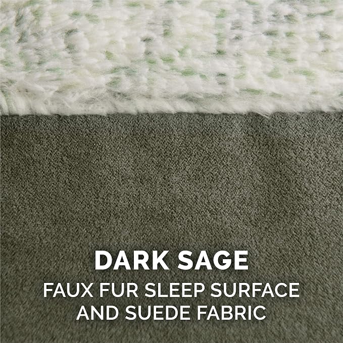 Furhaven Orthopedic Dog Bed for Large/Medium Dogs w/ Removable Bolsters & Washable Cover, For Dogs Up to 55 lbs - Two-Tone Plush Faux Fur & Suede L Shaped Chaise - Dark Sage, Large