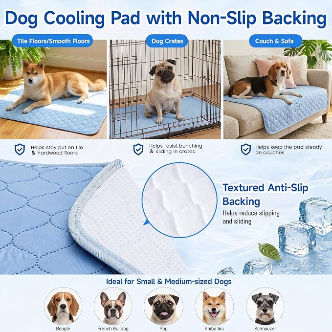 PatiencET Dog Cooling Mat, 28 x 40 in No-Gel Cooling Pad for Medium Dogs, Cool Touch Nylon Pet Mat, Washable Summer Dog Mat for Crate, Bed, Floor, Sofa, Car, Blue