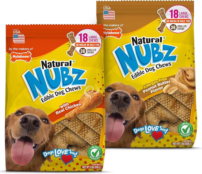 Nylabone Nubz Natural Dog Chew Treats for Large Dogs, Long Lasting Chew Bones Made in the USA, Chicken & Peanut Butter Flavor Dog Treats, for Dogs Over 30 lbs. (36 Count)