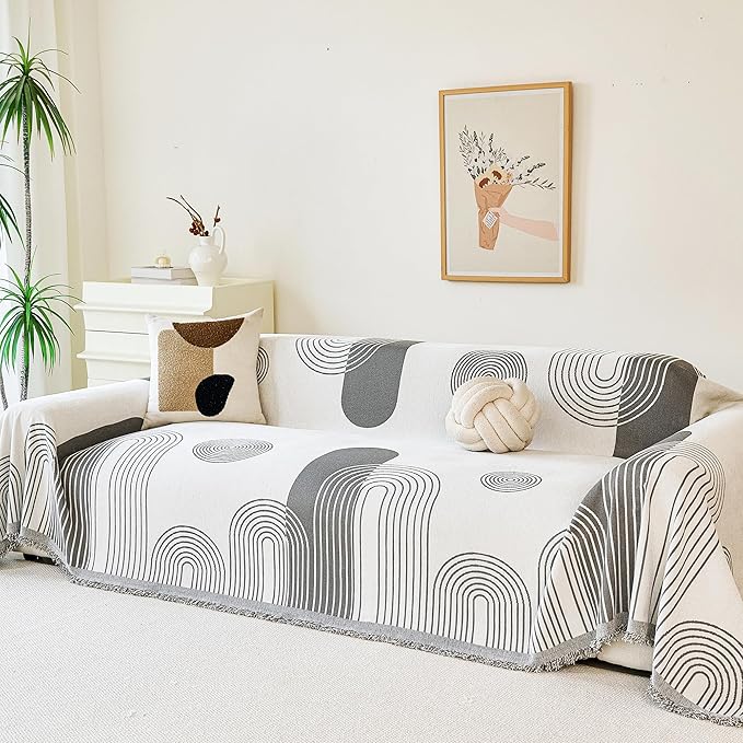 VANJOROY Boho Couch Sofa Cover for 3 Cushion Sectional Sofa L-Shape -Washable Chenille Couch Cover for Dogs Pets, Boho Couch Cover Protector Soft Grey Sofa Slipcovers with Tassel,91"x 134"