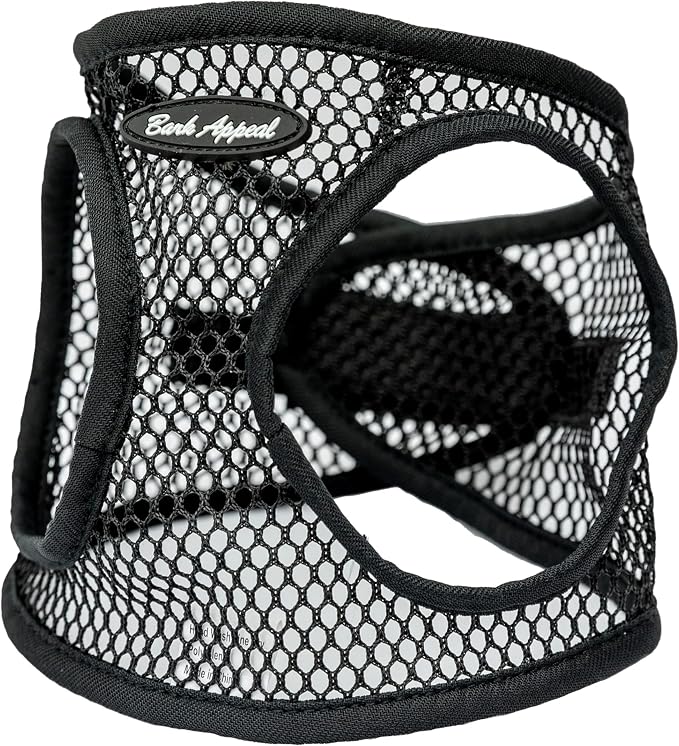 Bark Appeal Black Netted Step-in Dog Harness for XS to Small Sized Pets – Updated Sizing, Remeasuring is Essential – Soft Netted Mesh – Anti-Choke with Adjustable Strap & Heavy Duty Clip – S