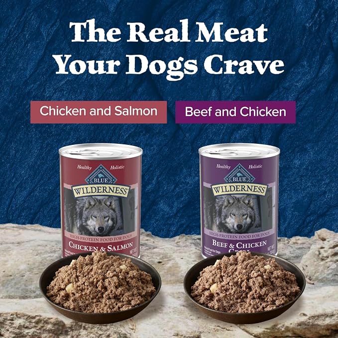 Blue Buffalo Wilderness Adult Wet Dog Food Variety Pack, Beef & Chicken Grill, 32g Protein, and Chicken & Salmon Grill, 35g Protein, Grain-Free & High-Protein, Natural, 12.5-oz. Each (6 Cans)