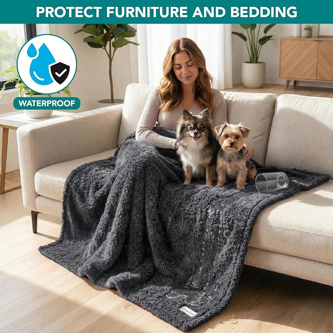 PetAmi Fluffy Waterproof Dog Blanket for Couch and Bed, Reversible Sherpa Pet Throw, Pee Proof Furniture Protector Sofa Cover, Washable Cat Blanket for Small Medium Dogs and Cats (Grey, 29x40)
