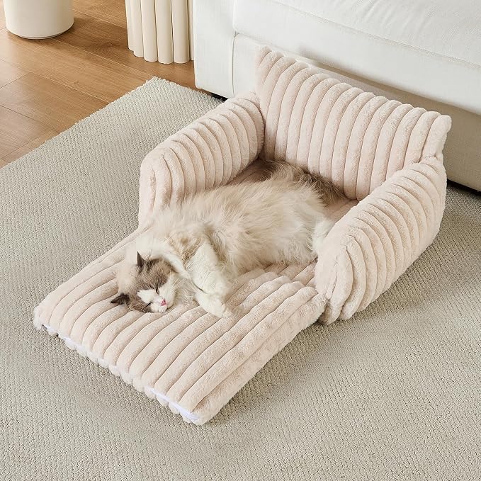 Hollypet Cat Bed Fluffy Plush Multifunctional Double-Layer Machine Washable Soft Warming Kitty Pet Couch Orthopedic Nest Beds for Small Cats Kitten and Dogs up to 13lbs, Cream(25x20x13 inch)