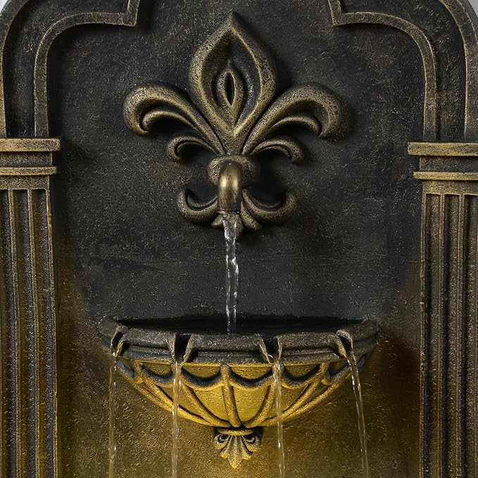 Teamson Home Fleur-de-lis Outdoor Water Fountain–Warm Glow Lighting with Adjustable Flow & Electric Pump, Black & Gold