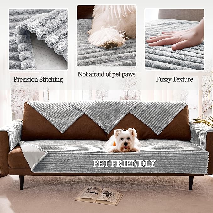 Dual Non-Slip Couch Cover for Dogs Waterproof, Fuzzy Soft Pet Couch Covers for Sofa 3 Cushion, Pet Friendly Soft Dog Bed Covers Sofa Cover Washable (Seagull Gray, 33" x 75" 1 Pack)