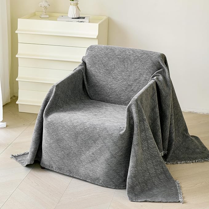 VANJOROY Grey Couch Chair Cover, Armchair for 1 Cushion Couch, Washable Chenille Sofa Cover Protector Soft Sofa Slipcovers for Pets Dog with Tassel,71"x 91"