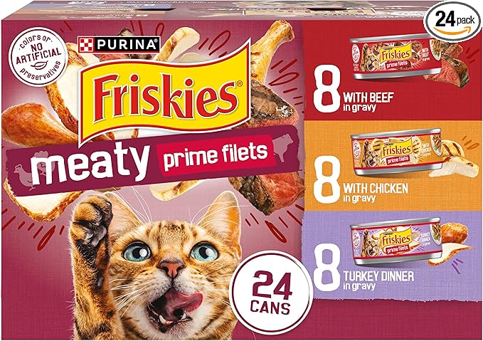 Purina Friskies Gravy Wet Cat Food Variety Pack, Prime Filets Meaty Favorites - (Pack of 24) 5.5 oz. Cans