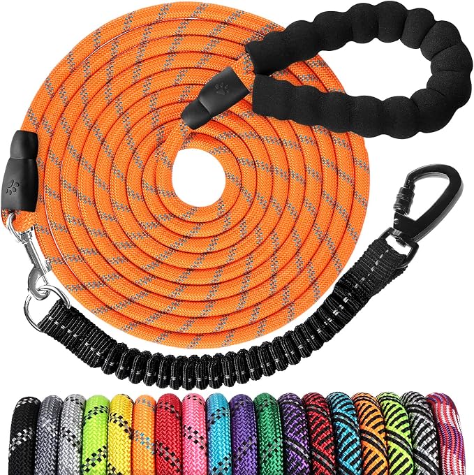 jenico Long Dog Leash 50FT: Heavy Duty Nylon Rope Leashes for Dogs Training with Reflective Threads Bungee and Padded Handle - Dog Lead for Large Small Medium Dogs Outside Walking Hiking
